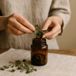 Mãos femininas colocando ervas medicinais secas em frasco de vidro âmbar sobre mesa de madeira rústica.